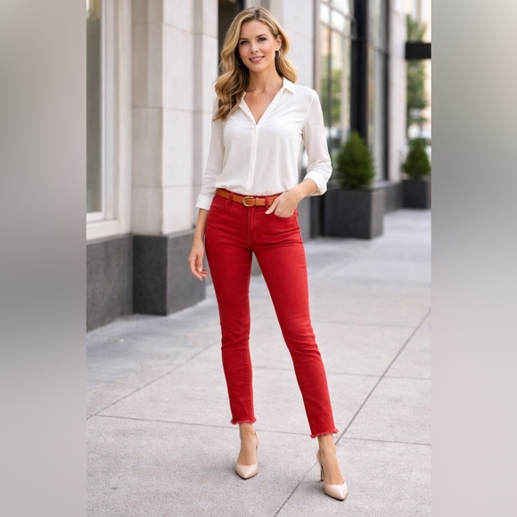 Ann Taylor Denim - Ann Taylor Women’s 8 Petite Skinny Jeans Red Raw Hem High Waist Casual Valentine